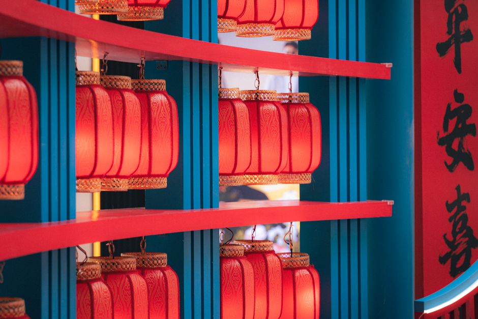 Bright red lanterns on display for celebrations, symbolizing prosperity and good fortune.