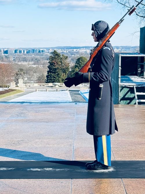 Free A solemn guard stands at attention above Arlington Cemetery against a clear sky. Stock Photo