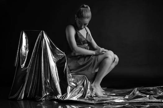 A graceful dancer poses in a black dress against a metallic draped background in black and white.