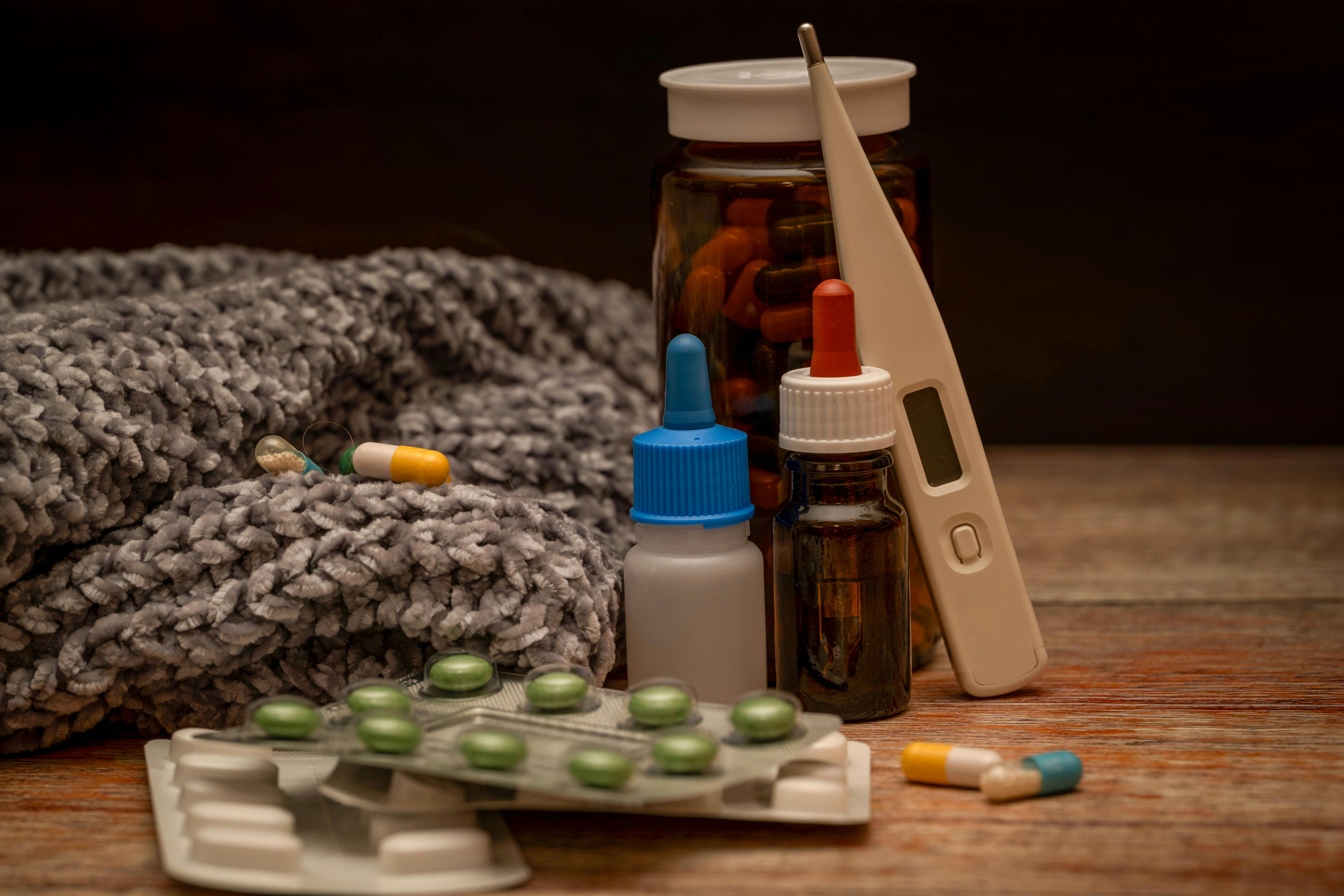 A collection of cold remedies and medications for relief during winter illness.