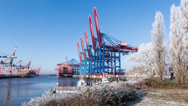 Frosty winter view of Hamburg port with vibrant cargo cranes and container ships under clear skies.