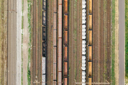 High-angle view of freight trains and tracks in Poznań, Poland.