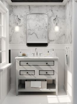 Stylish bathroom featuring a marble backsplash and modern vanity.