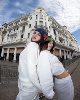 Two young women in stylish white outfits pose confidently in Casablanca, Morocco.