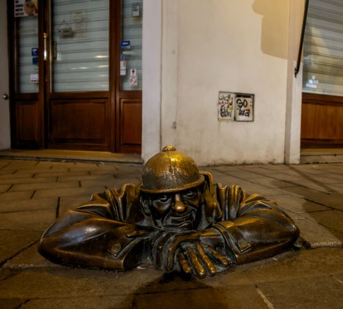 Free Man at Work statue, Bratislava, Slovakia Stock Photo