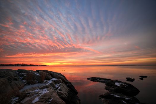 Gorgeous sunrise at Cove Island Park in Stamford, Connecticut, showcasing vibrant pink and orange skies.