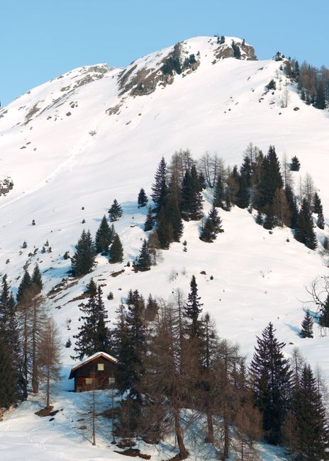 Snow-covered mountain scene with a cozy cabin and evergreen trees in Carinthia, Austria.