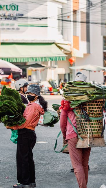 Mua Hạt Kê Vàng Ở Đâu Uy Tín, Chất Lượng, Giá Tốt Nhất? 1 Everyday scene in a Vietnamese street market with traders carrying leaves.