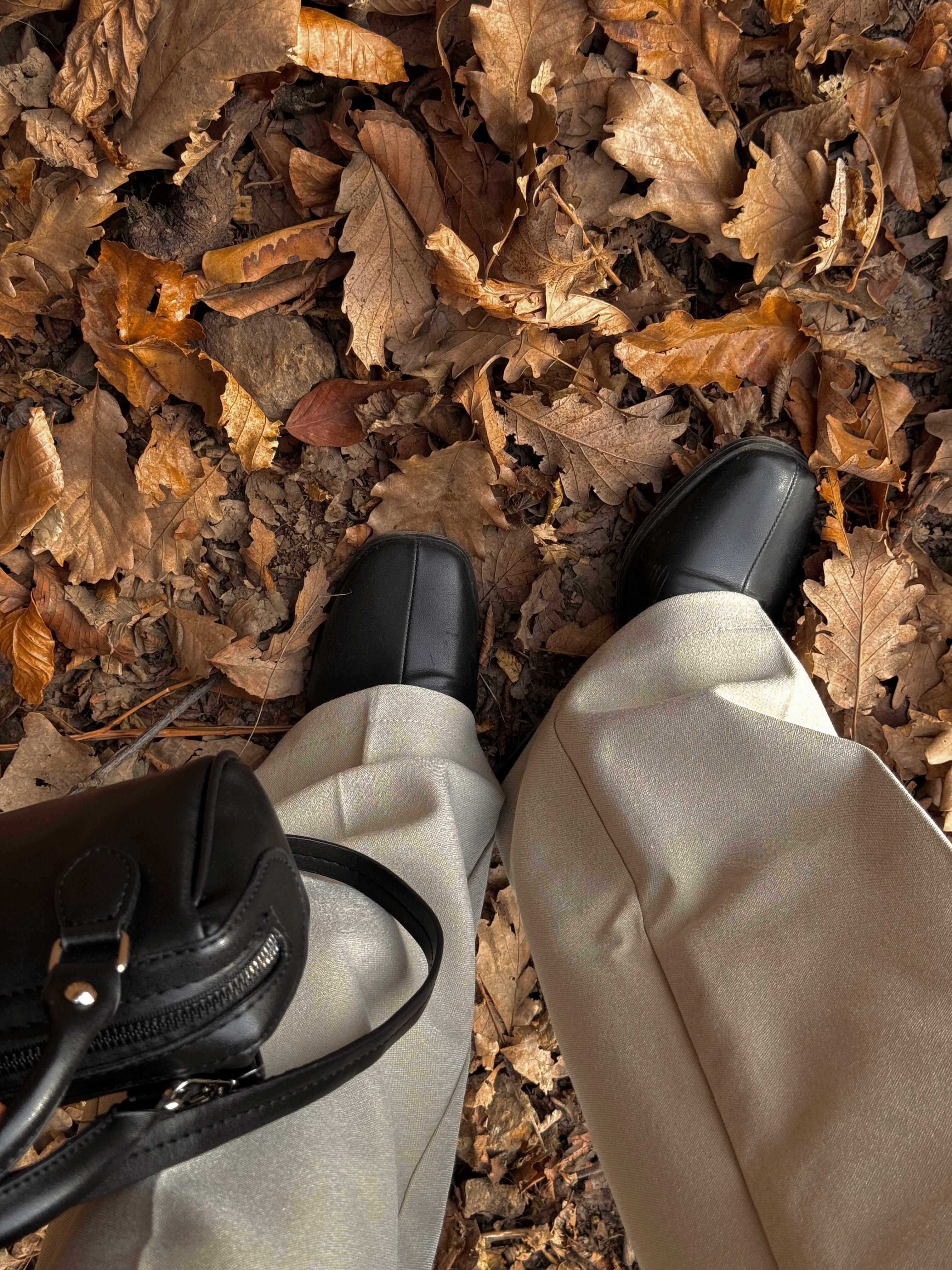 Stylish black shoes and beige trousers among fallen autumn leaves, capturing seasonal elegance.