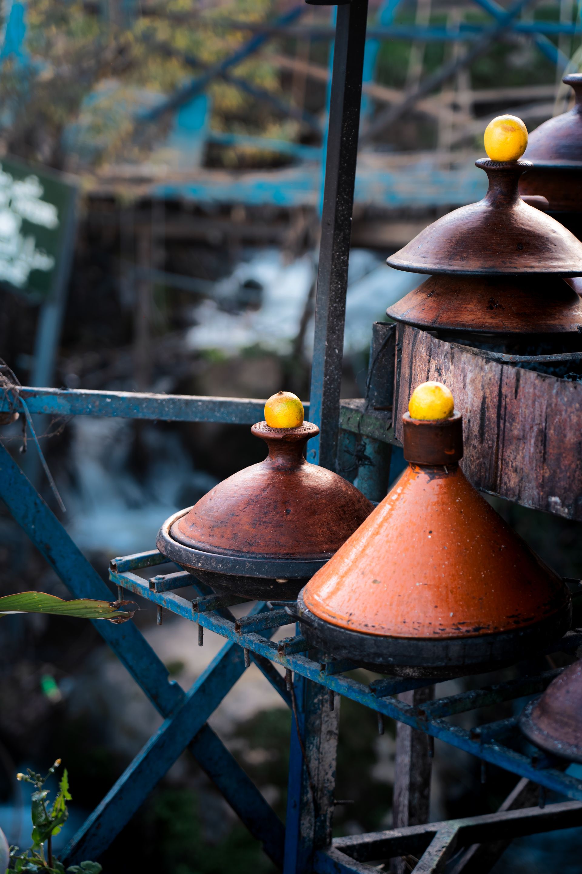 Colorful traditional Moroccan tagines on display