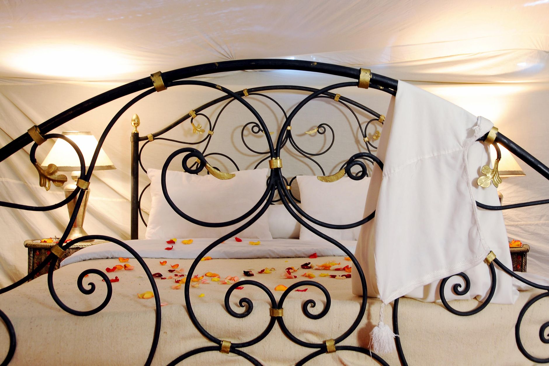 Elegant bed with ornate metalwork in cozy Moroccan tent, adorned with rose petals.