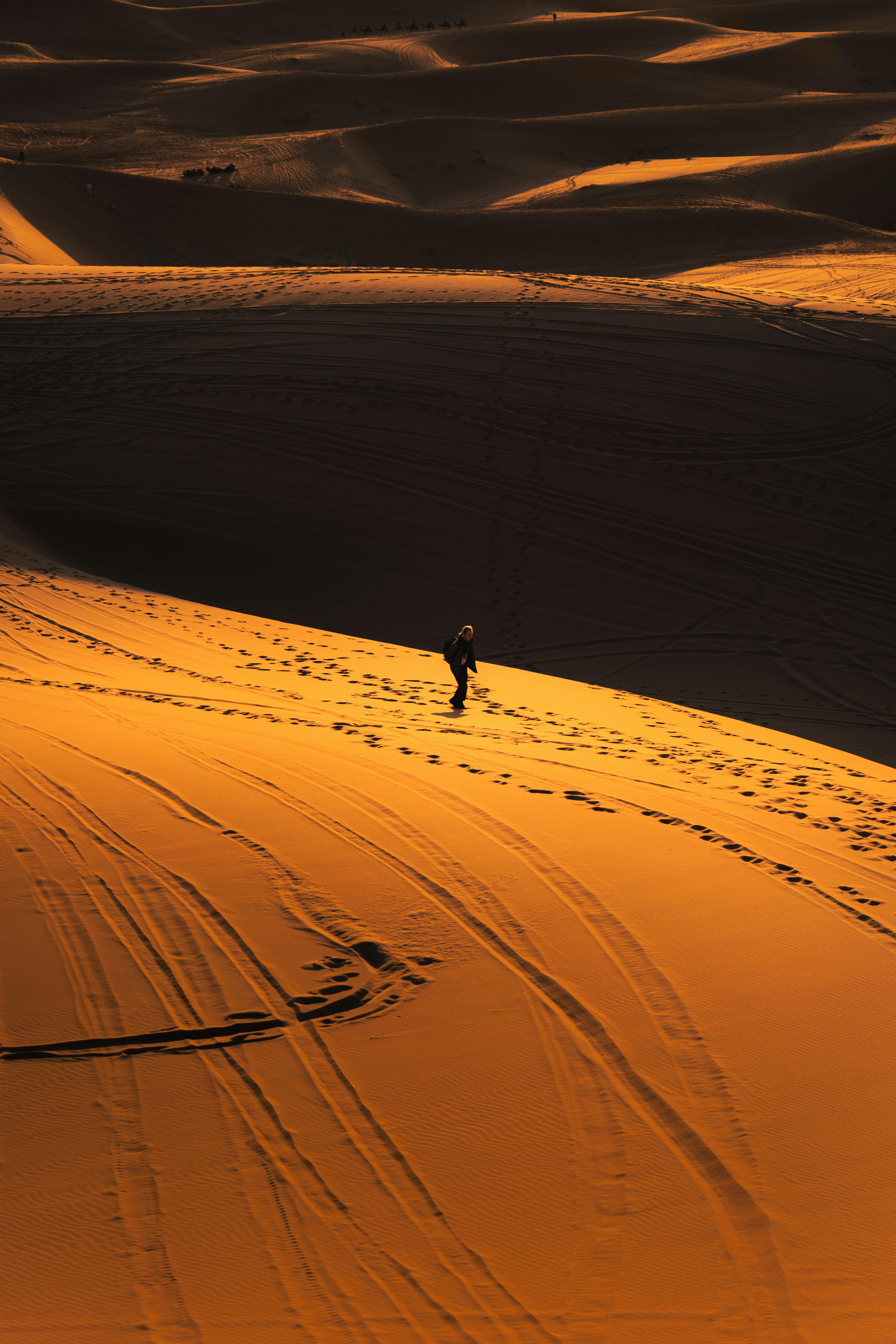 A lone person walks across sunlit desert dunes, creating an adventurous and serene atmosphere.