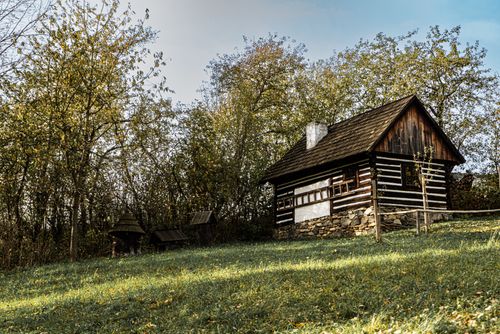Free A charming rustic cabin nestled in an autumn forest, showcasing tranquil natural beauty. Stock Photo