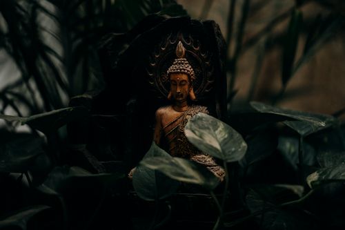 Free A tranquil Buddha statue surrounded by dense green leaves, exuding peace and spirituality. Stock Photo