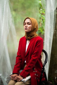 一位身着红色外套、头戴头巾的女子，闭着眼睛优雅地坐在户外