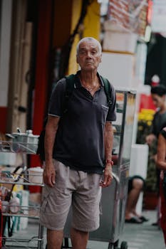 Senior man stands on bustling street, wearing casual summer attire, street cart visible.