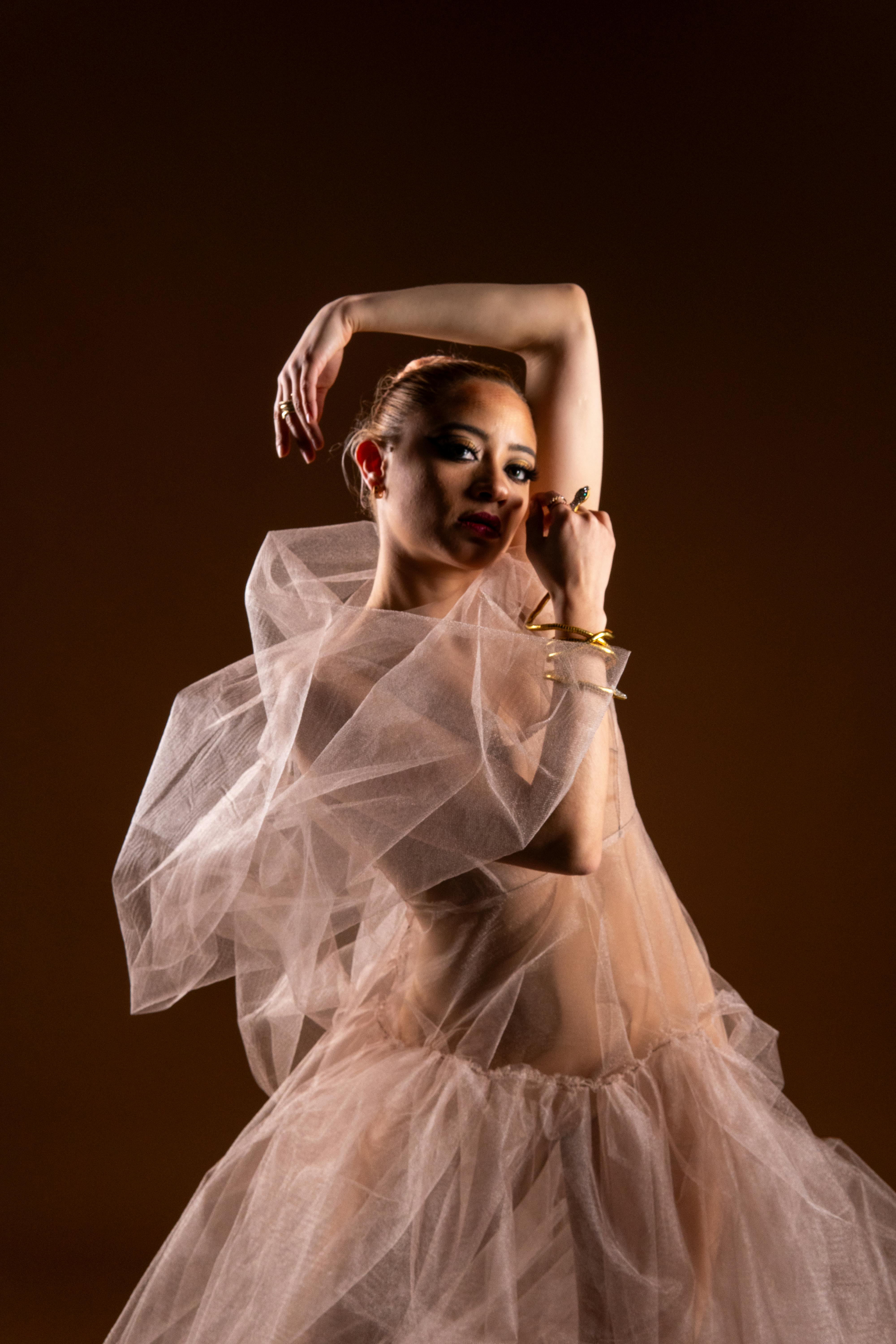 Graceful female dancer in dramatic lighting with sheer fabric expressing elegance.