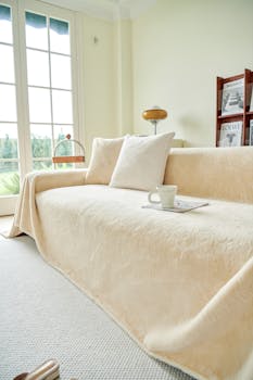 A beige sofa with a textured throw and pillows in a bright, sunlit living room setting.