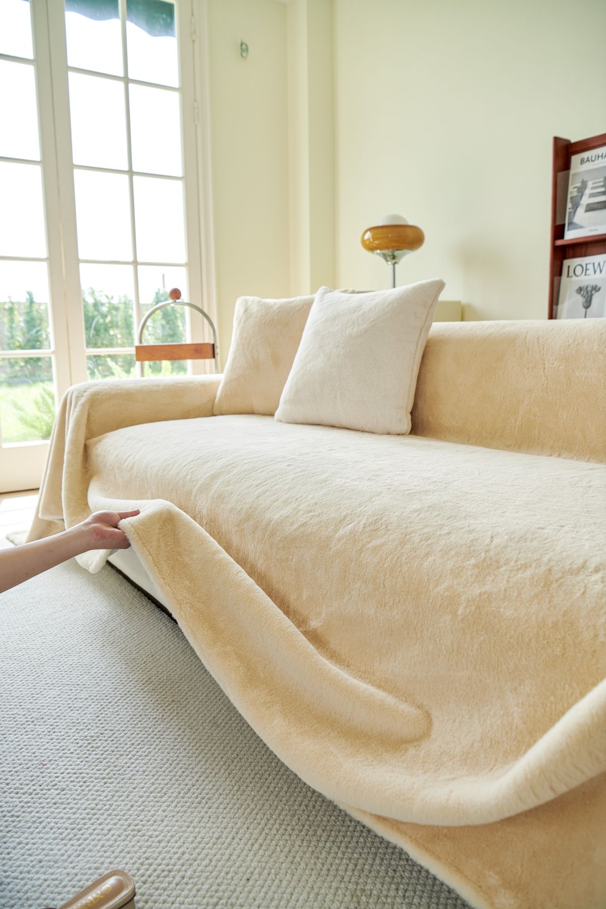 Beige sofa in a bright living room