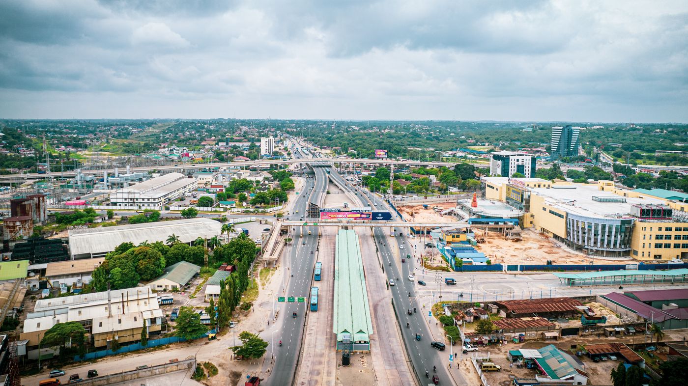 Aerial view of urban infrastructure and development in Dar es Salaam