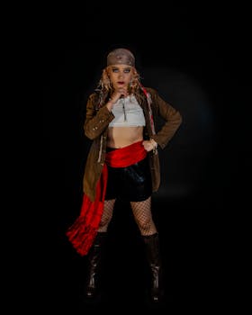 Dramatic portrait of a woman dressed in a pirate-themed outfit, standing confidently against a dark background.