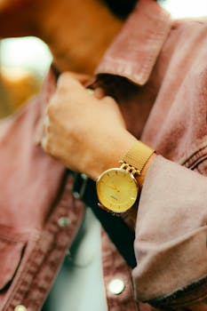 Close-up of a gold wristwatch with a mesh strap on a person's wrist, wearing a denim jacket.