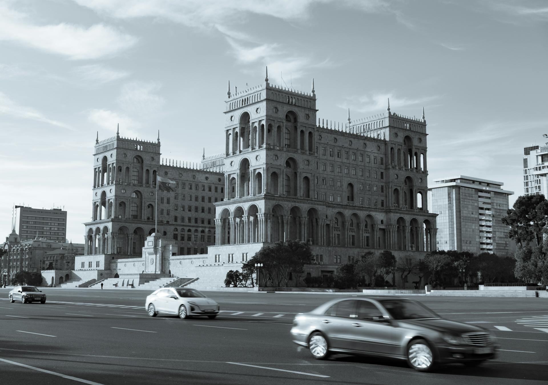 Elegant architecture of Baku city government building with street view.