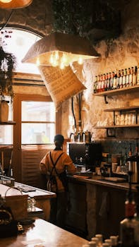 Young waitress prepares coffee in a rustic café in Konya, Türkiye, with warm lighting.
