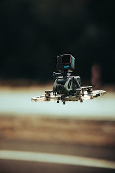 Drone flying outdoors with a mounted camera for aerial photography.