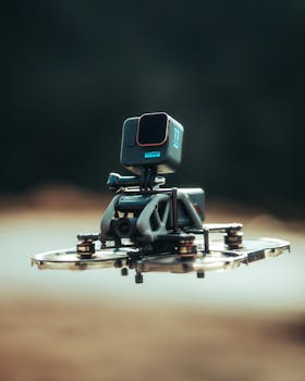 A close-up of a drone equipped with an action camera flying outdoors.