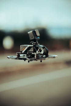 Close-up of a drone equipped with an action camera, flying outdoors in daylight.