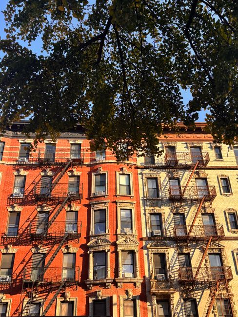 Elegant brick apartment buildings with fire escapes capture a New York sunset.