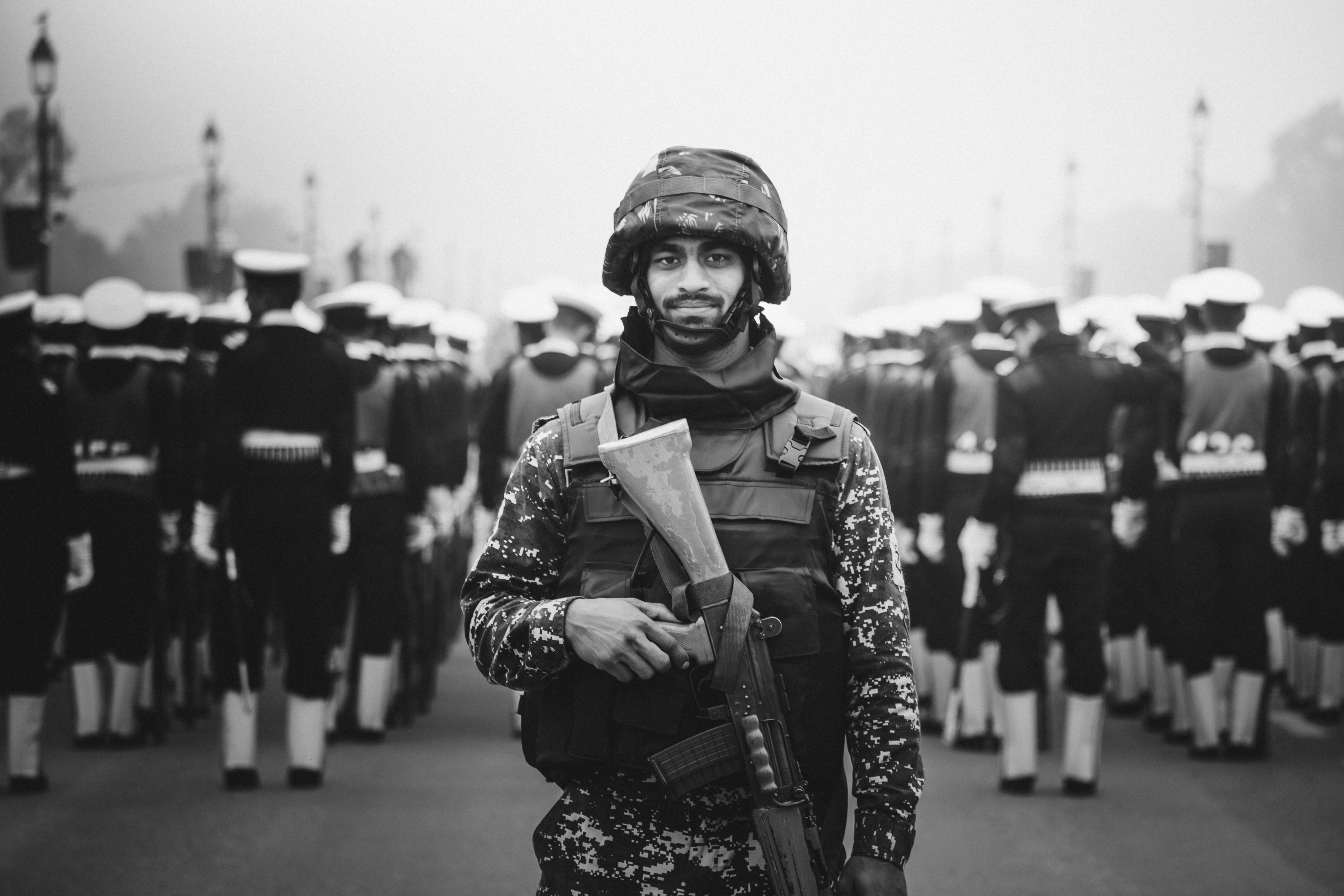 black and white military parade portrait