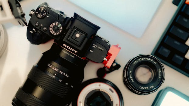 A top view of a camera and lenses on a desk, showcasing photography equipment.