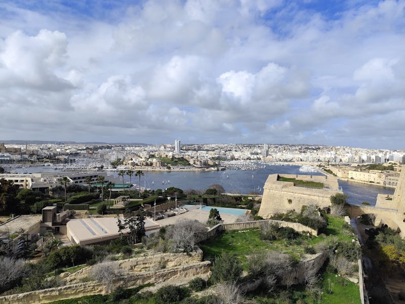 Aerial view of Valletta harbour and historic architecture in Malta