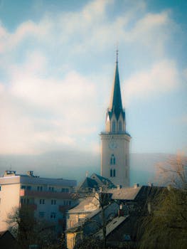 A dreamy retro view of the church tower in Villach, Carinthia, Austria with a vintage feel.