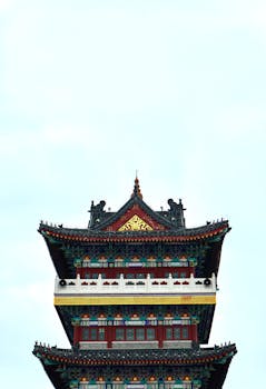 在晴朗的天空下，低角度拍摄了一座经典的中国宝塔风格寺庙，展现了其复杂的屋顶设计