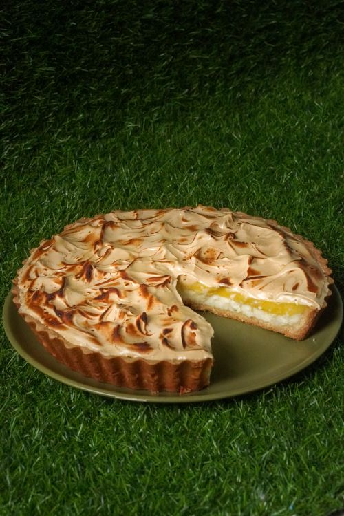 Free Sliced lemon meringue pie on green grass, showcasing creamy filling and toasted peaks. Stock Photo