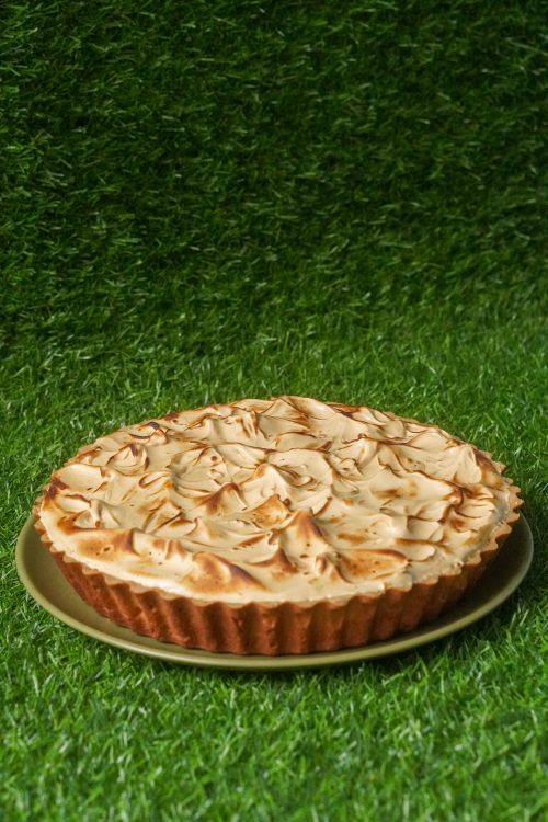 Free Appetizing lemon meringue pie on a green grass background, perfect for dessert stocks. Stock Photo