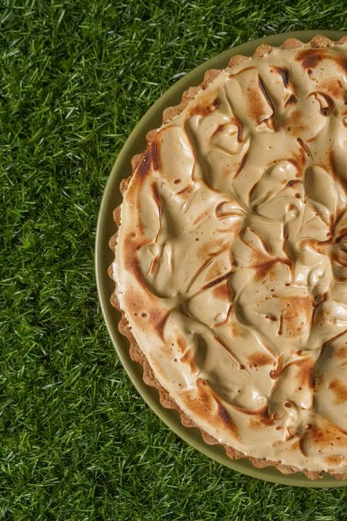 Free Top view of a homemade meringue pie resting on lush green grass. Ideal for food lovers. Stock Photo