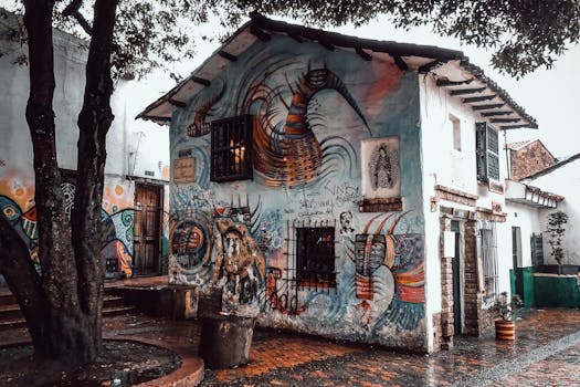 在雨天拍摄的哥伦比亚波哥大，一所房子被生动的街头艺术装饰着