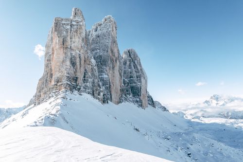 Free Breathtaking view of the snow-covered peaks in the Dolomites, Italy's winter wonderland. Stock Photo