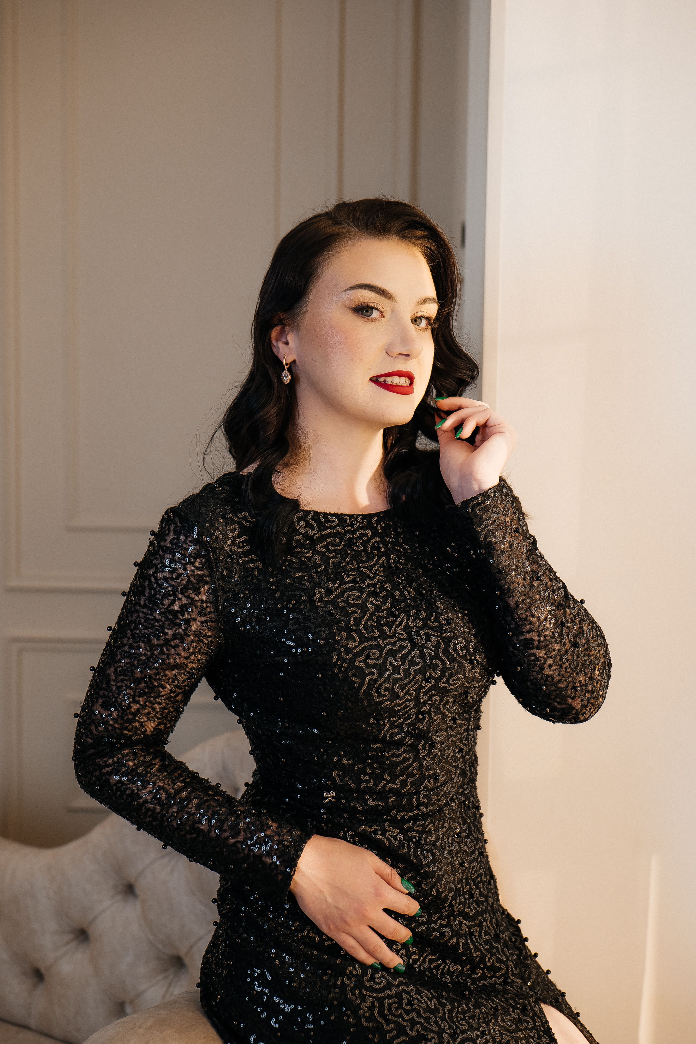 Elegant Woman in Black Sequin Dress Indoors · Free Stock Photo