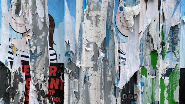 Colorful, torn posters overlaying each other on an urban wall create a textured collage.