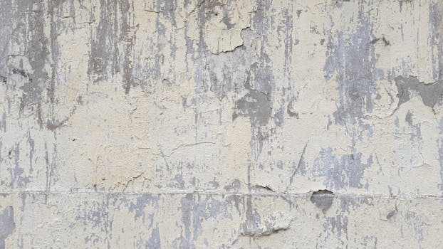 Detailed texture of a weathered concrete wall featuring peeling paint and abstract patterns.
