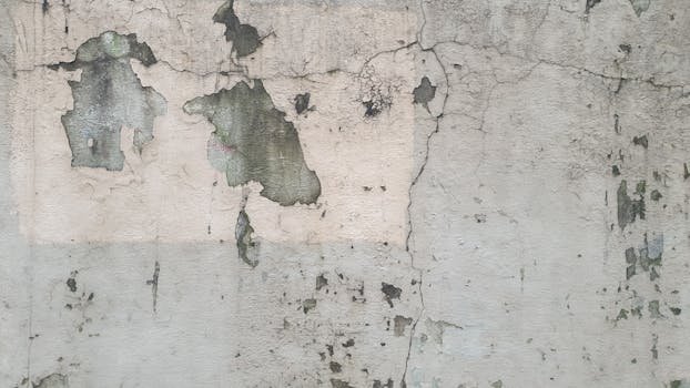 Close-up of a weathered wall showing peeling paint and cracked textures, ideal for backgrounds.