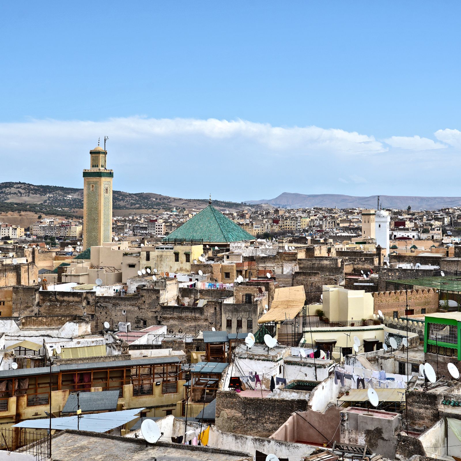 Aerial view of Fes medina with prominent mosque