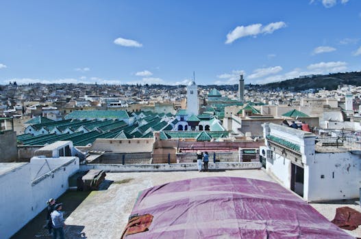 Sweeping view over Fès Medina with traditional architecture under a blue sky.