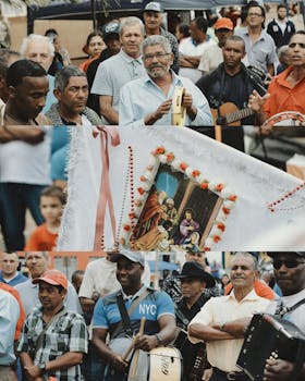 热闹的街头聚会上，音乐家和装饰一起庆祝文化