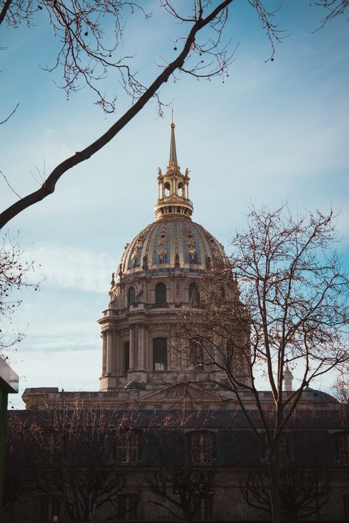 Free Captured in Paris, the golden dome of Les Invalides framed by winter trees against a clear sky. Stock Photo